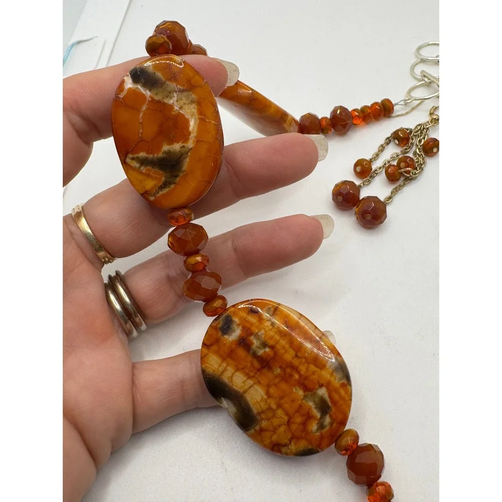 Fire Agate Chunky Beaded Necklace and Dangle Earrings Set Orange Brown Boho